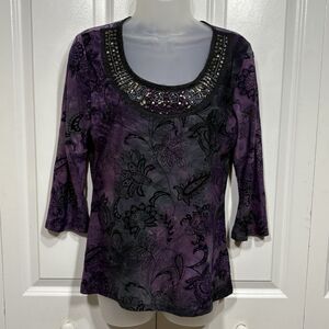 Cato Velvet Burnout Blouse Womens M Purple Floral Boho Whimsigoth Romantic
